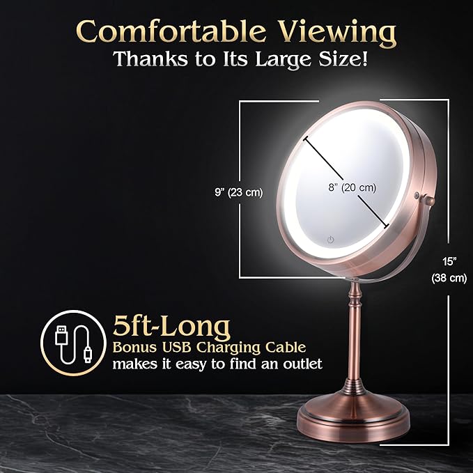 MIRRORVANA Lighted Make Up Mirror with 15X Magnification - 15X & 1X Double Sided LED Makeup Mirror with 3 Lighting Modes, Rechargeable Battery with USB Cable - 8" Wide & 15" Tall (Antique Bronze)