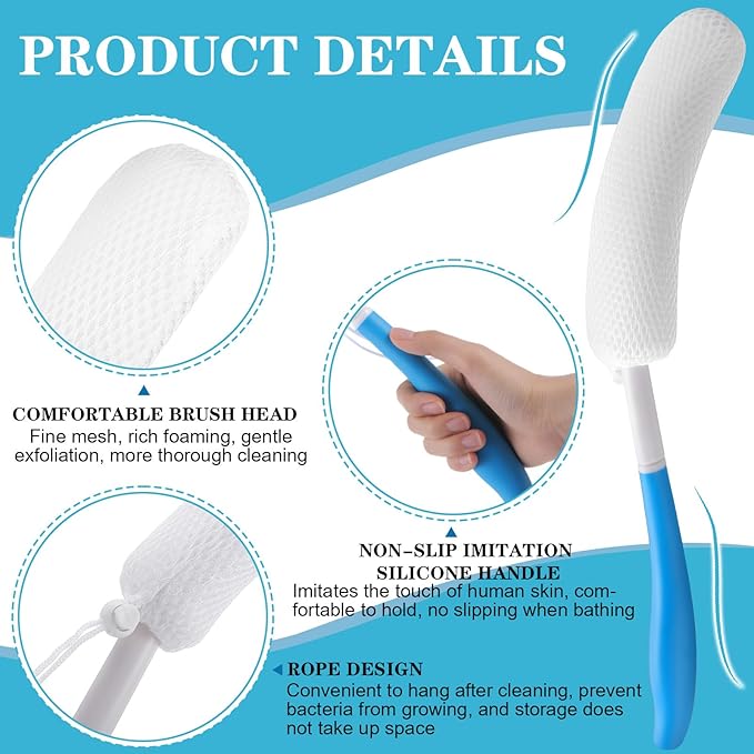 Sunnyray 2 Pack 15.35 Inch Long Anti-Slip Curve Handled Bath Body Brush, Body Back Bath Brush with Sponge Soft Blue Rubbing Back Shower Brush for Elderly Aid Bathing and Shower