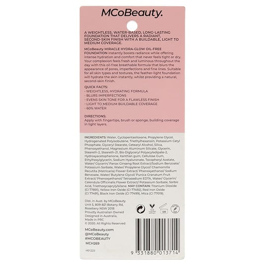 MCoBeauty Miracle Hydra Glow Oil-Free Foundation - Water-Based, Light-Medium Coverage - Features A Natural Satin Finish - Ultimate Radiant Base - With A Second-Skin Feel - Light Beige - 1 Oz