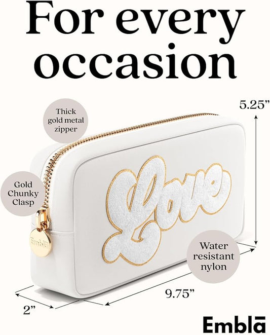 LOVE Valentine Makeup Bag Travel Cosmetics Pouch and Toiletry Bag, Nylon Zipper Pouch Purse, Cute Make Up Organizer Storage Tote for Women Girls, Travel Skincare Case, Small Makeup Bags, White