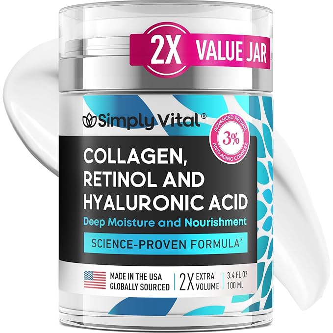 SimplyVital Collagen, Retinol & Hyaluronic Acid Cream - Anti-Aging Retinol Cream for Face, Neck & DΓ©colletΓ© - Made in USA - Daily Moisturizer Face Cream - 3.38 fl oz