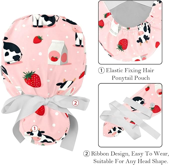 2 PCS Bouffant Cap with Button Ponytail Pouch Working Cap Sweatband Adjustable Surgical Cap Black and White Cow
