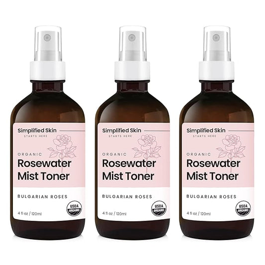 Simplified Skin Rose Water Spray for Face โ Natural Organic Facial Toner โ Hydrating Face & Hair Mist & Makeup Remover โ Alcohol-Free 4 Fl Oz 3-Pack