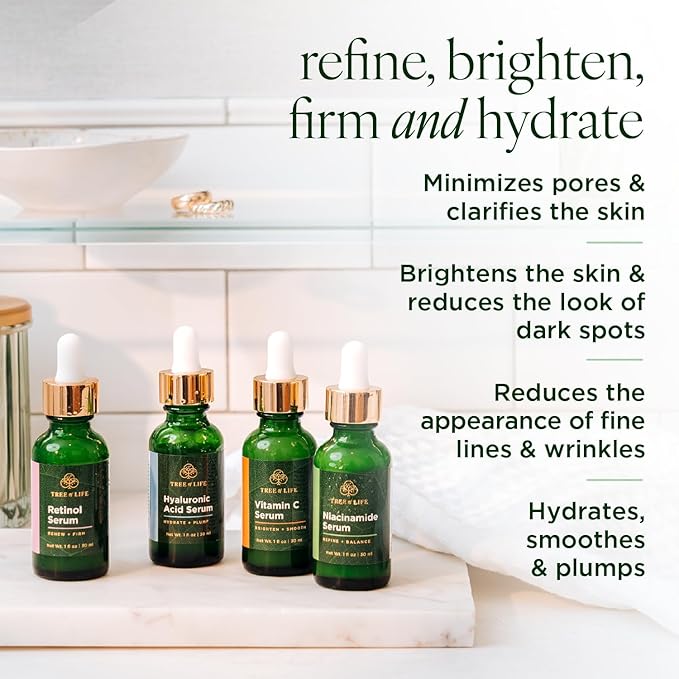 Tree of Life Beauty Facial Skin Care Set, Brightening, Firming, Hydrating, Dry Face, Dermatologist Tested - Niacinamide + Vitamin C + Retinol + Hyaluronic Acid Serum - 4 count of 1 Fl Oz