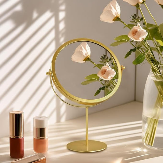 Gold Vanity Desk Table Round Makeup Mirror, 360 Degree Adjustable Rotation Metal Framed Standing Mirrors, Home Decoration for Living Room, Bedroom, Tabletop, Bathroom, 6.3 Inches