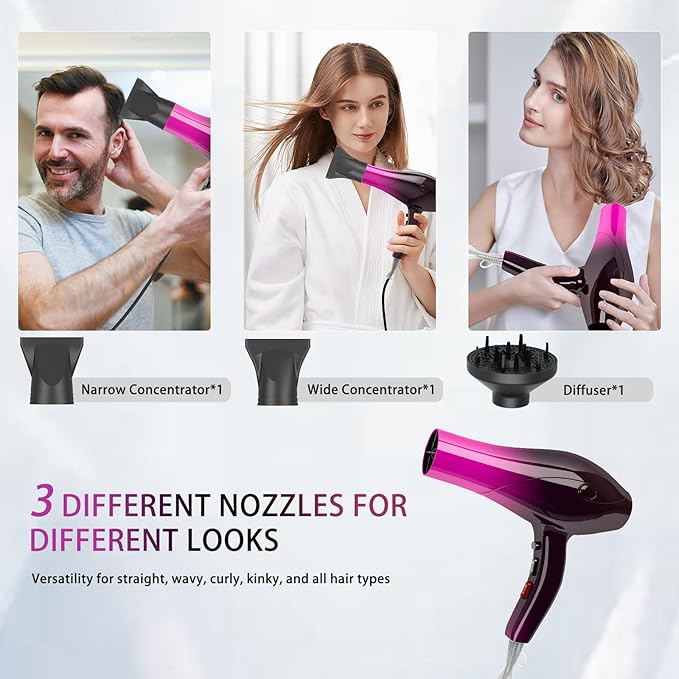 Ionic Hair Dryer,2400W Negative Ion Low Noise Hair Dryer Professional Fast Drying Hair Dryer with 2 Speeds, 3 Heat Settings, Cooling Button,with Diffuser for Curly and Straight Hair(Crimson Fade)