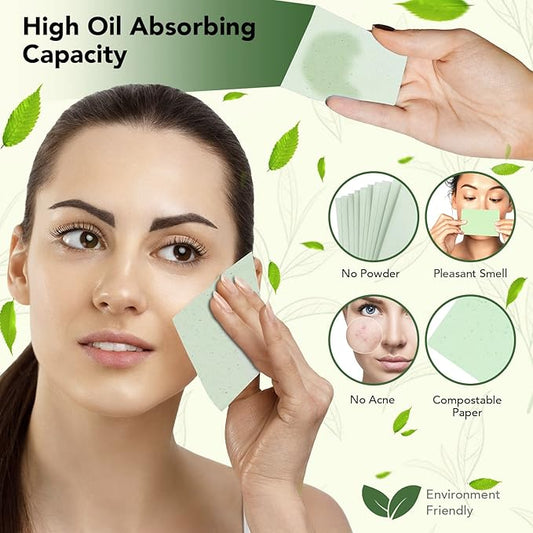 Premium Natural Green Tea Oil Blotting Sheets for Face - 1x100 Sheets with Extra Large 5x3" Thick Blotting Paper for Oily Skin - Dispensable Portable Pack - Reduce Skin Acne - Makeup Friendly