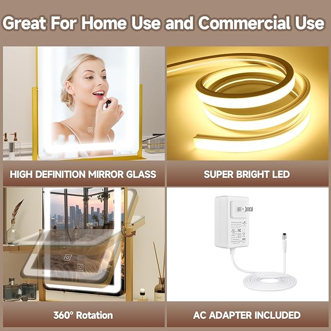 PRIMETEK Vanity Mirror with Lights, 19"x22" Large Makeup Mirror with Lights, LED Lighted Makeup Mirror, Touch Screen with 3-Color Lighting, Dimmable for Vanity Desk Tabletop, Bedroom, Gold