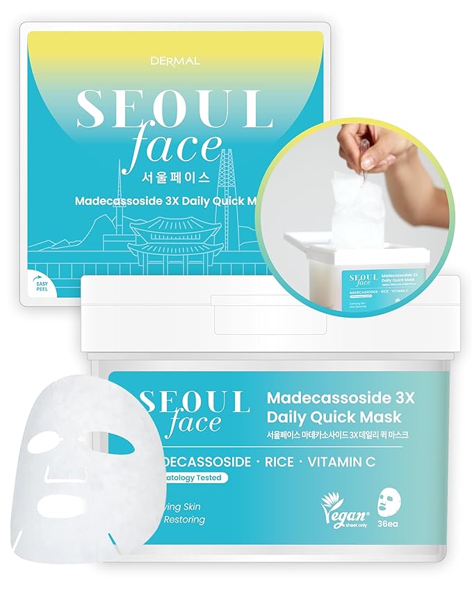 DERMAL Seoul Face Madecassoside 3X Daily Quick Mask 36 Sheet β Korean Skincare Vegan Tencel Facial Masks - Improving Dark Spots, Soften Skin Mask Sheets with Rice, Vitamin C, Panthenol