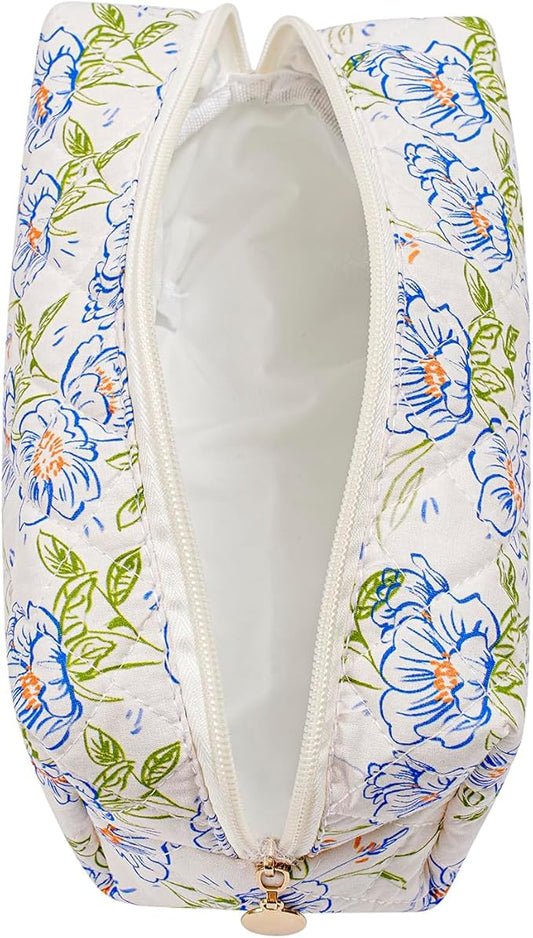 Makeup Bag Travel Cosmetic Bag for Women Girls, Zipper Make Up Pouch, Floral Flowers Toiletry Organizer Makeup, Portable Storage Cosmetic Travel Cloth Bag (Large Blue Flowers)