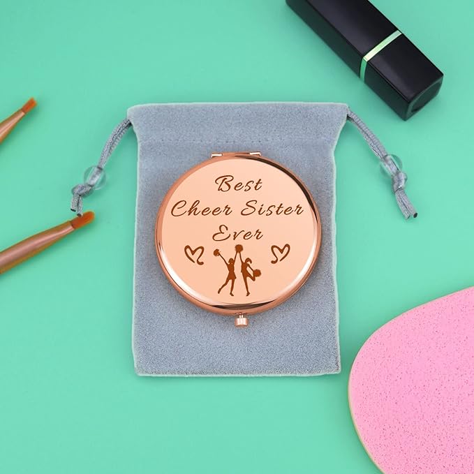 Cheer Gifts for Girls Sister Friendship Gift Rose Gold Compact Mirror for Cheer Team Cheerleader Cheerleading Gifts for Cheer Friend Folding Makeup Mirror for Cheer Sister Birthday Retirement Gifts