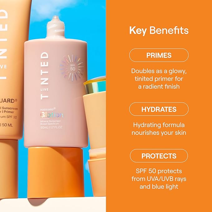 Live Tinted Hueguard Glotion Mineral Tinted Sunscreen For Face SPF 50 β Lightweight Fragrance-Free Sunscreen β Clean & Vegan Primer With SPF - Light Medium .5 FL Oz
