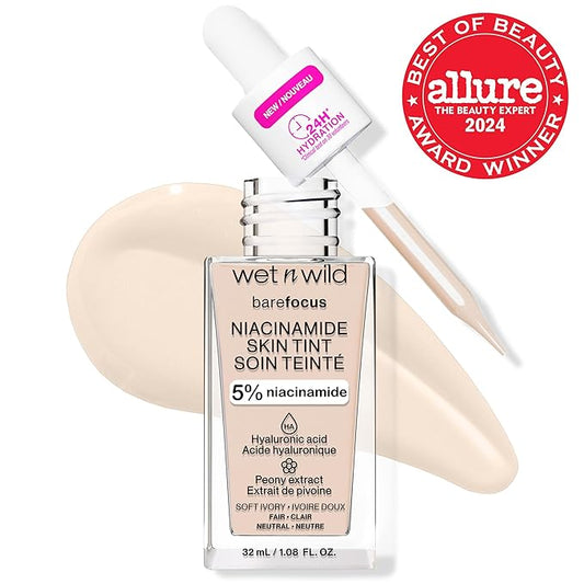 wet n wild Bare Focus Skin Tint, 5% Niacinamide Enriched, Buildable Sheer Lightweight Coverage, Natural Radiant Finish, Hyaluronic & Vitamin Hydration Boost, Cruelty-Free & Vegan - Soft Ivory