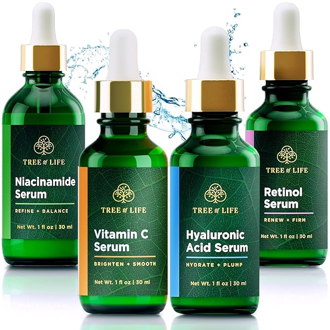 Tree of Life Beauty Facial Skin Care Set, Brightening, Firming, Hydrating, Dry Face, Dermatologist Tested - Niacinamide + Vitamin C + Retinol + Hyaluronic Acid Serum - 4 count of 1 Fl Oz