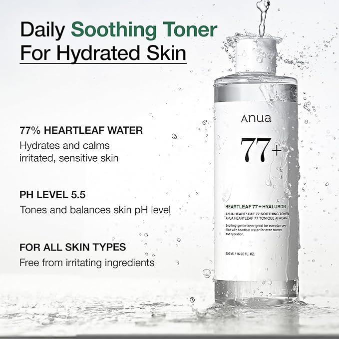 Anua Heartleaf 77 Soothing Toner I pH 5.5 Skin Trouble Care, Calming Skin, Refreshing, Purifying (500ml / 16.9 fl.oz.)