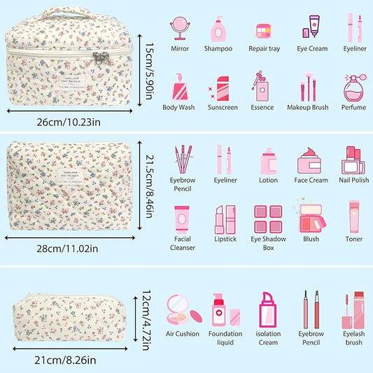 3 Piece Floral Corduroy Quilted Makeup Bag Set, Large Capacity Travel Makeup Bags for Women and Girls, Includes Small, Medium, and Large aesthetic makeup&Cosmetic Bags