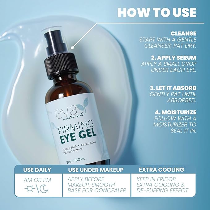 Eva Naturals Eye Gel for Dark Circles, Bags & Puffiness β Anti-Aging Serum with Peptides, Hyaluronic Acid & Botanicals β Firming Under Eye Treatment for Wrinkles, Fine Lines & Tired Skin β 2 oz