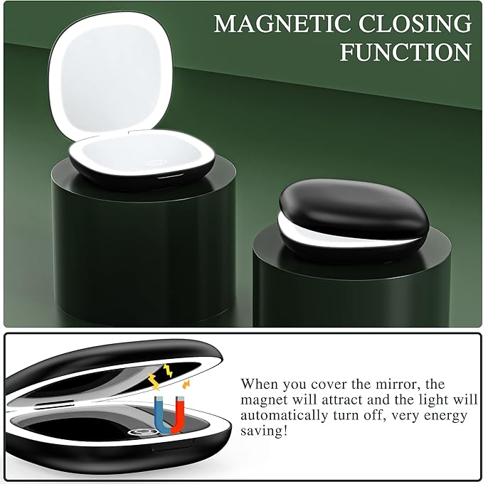 Compact Travel Makeup Mirror,1X/10X Magnifying Double Sided 3 Colours & Brightness Dimmable USB Rechargeable Touch Screen Portable LED Cosmetic Mirror for Travel/Purse/Office,Black