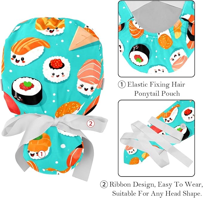 2 PCS Bouffant Cap with Button Ponytail Pouch Working Cap Sweatband Adjustable Surgical Cap Black and White Cow