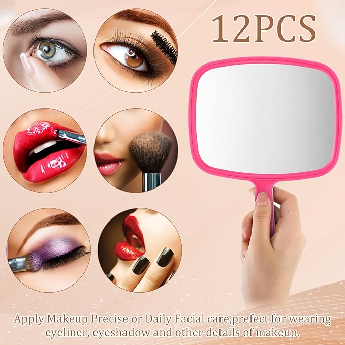 Geetery 12 Pcs Hand Mirror Handheld Makeup Mirrors with Handle Wall Mount for Cosmetic Bathroom Home Barber Salon Travel Portable Beauty School Gift for Women Student 6.69 x 9.45 Inch(Rose Red)
