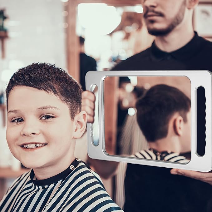 Kigley 2 Pcs Large Hand Mirror with Double Handle Barber Mirror Unbreakable Rectangular Hand Held Hair Salon Equipment Hairstylist and Barber Accessories, 15.75 x 9.84 Inches/ 40 x 25 cm (Silver)