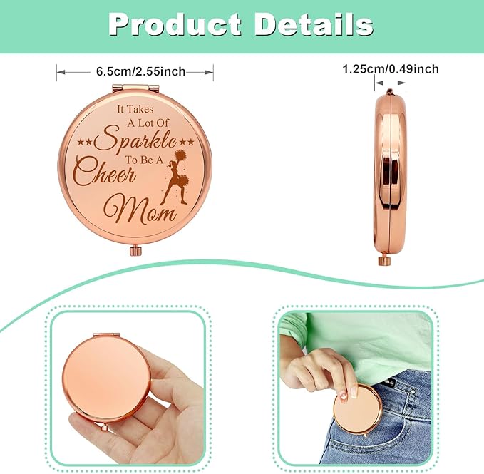 Mwphuy Cheer Mom Appreciation Gift Compact Makeup Mirror, Rose Gold, 2.6 Inches (Diameter), Magnifying, Dual Sided