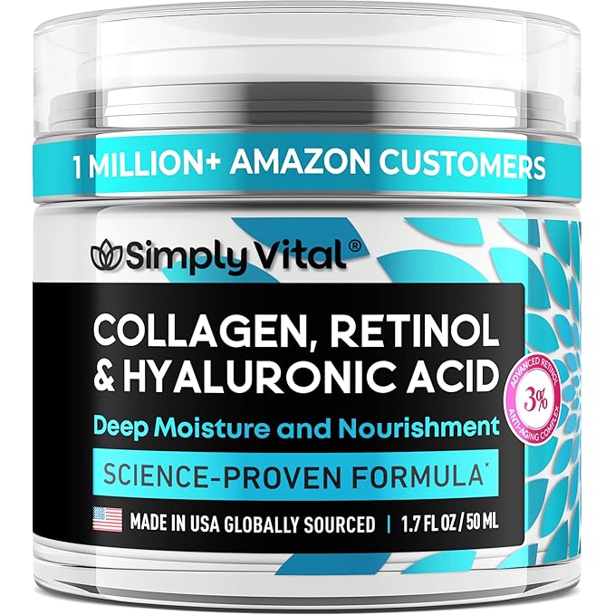 SimplyVital Collagen, Retinol & Hyaluronic Acid Cream - Anti-Aging Face Moisturizer for Face, Firming Skin Care Neck & DΓ©colletΓ© - Made in USA, Daily Moisturizer Face Cream Day & Night - 1.7 fl.oz.
