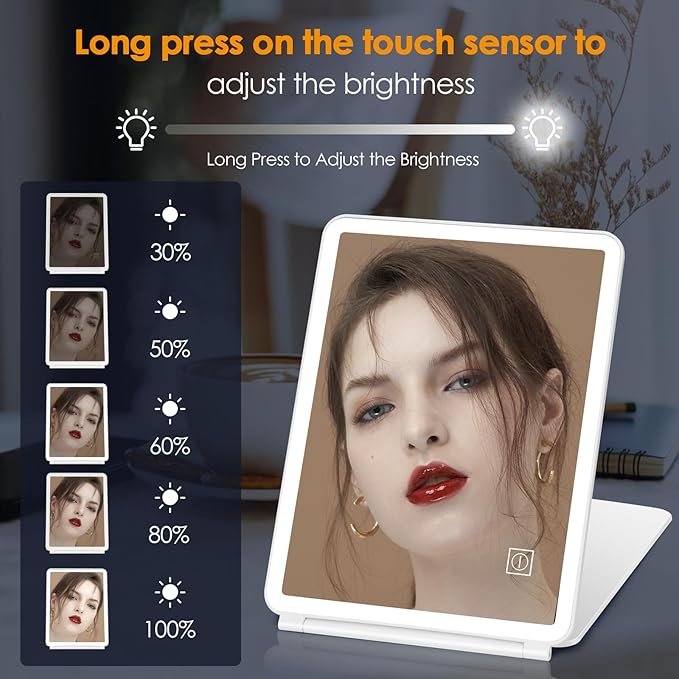 KerMiCi 【Large Size】 Travel Makeup Mirror with Light, Led Folding Vanity Mirror Portable USB Rechargeable Mirror 3 Color Lighting Touch Screen Brightness Thin Compact Vanity Mirror Dimmable Mirror