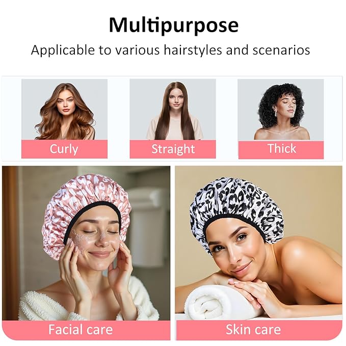 2-Pack Reusable Waterproof Shower Caps for Women, Double-Layer Elastic Bath hat,Extra Large Hair Cap for Long Curly HairοΌWhite, PinkοΌ