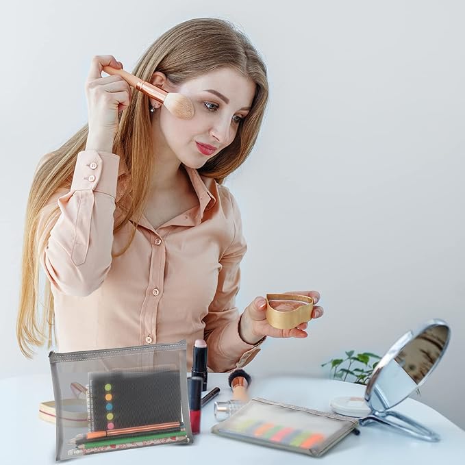 6 Pieces Mesh Makeup Bags Mesh Cosmetic Bag Portable Travel Organizing Zipper Pouch Toiletries Makeup Pouches for Home Office Travel Accessories (Gray)