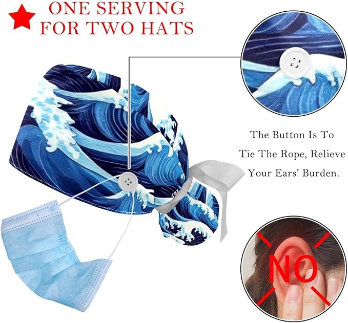 2 PCS Bouffant Cap with Button Ponytail Pouch Working Cap Sweatband Adjustable Surgical Cap Black and White Cow