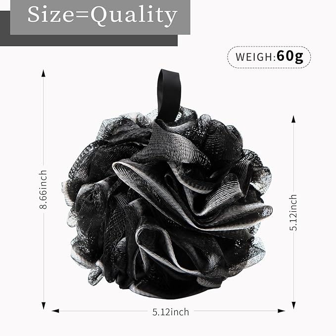 Bath Loofah Shower Sponge Body Back Scrubber Soft Mesh Shower Puffs Exfoliating Loofa for Women & Men Bath Accessories Cleaning Tool (4Pack 60G Black, Charcoal Black)