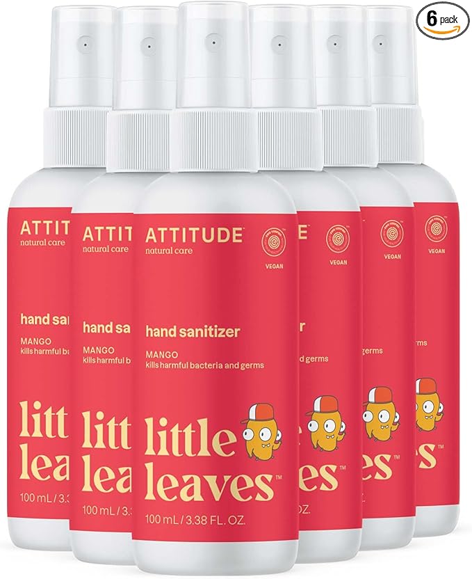 ATTITUDE Hand Sanitizer Spray for Kids & Adults, EWG Verified, Travel Size, Dermatologically Tested, Plant and Mineral Based, Vegan, Mango, 3.5 Fl Oz (Pack of 6) (Spray Bottle)