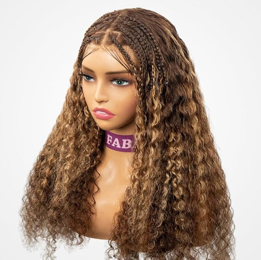 Ombre Braided Wigs for Black Women 200% Density Glueless Wigs Human Hair Pre Plucked Pre Cut 9x6 Blonde Highlight Lace Front Wig Deep Wave Human Hair(4/27 Coloured Curly)17inch