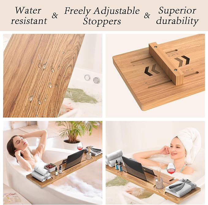 Bathtub Tray for Freestanding Bath, Solid Pine Wood Bath Tray for Tub, Bath Caddy for Home Spa, Adjustable Bathtub Trays for Tub, with Bathtub Accessories Holders, Patent Design, 35x9