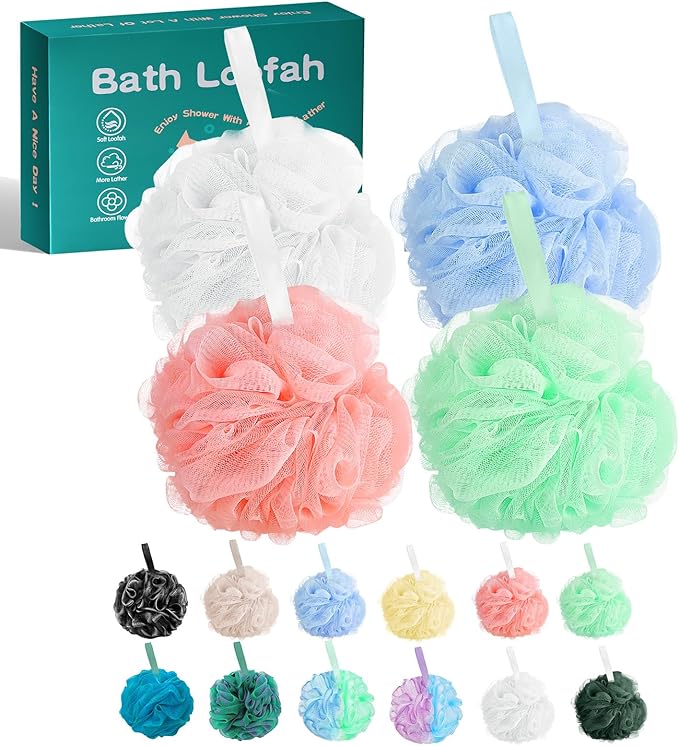 Amazerbst 4 Pack Bath Sponges Mesh Balls Shower Loofahs Wash Back Body Cleaning Scrubber Exfoliator Loofah Sponge Bathing Accessories Women Men