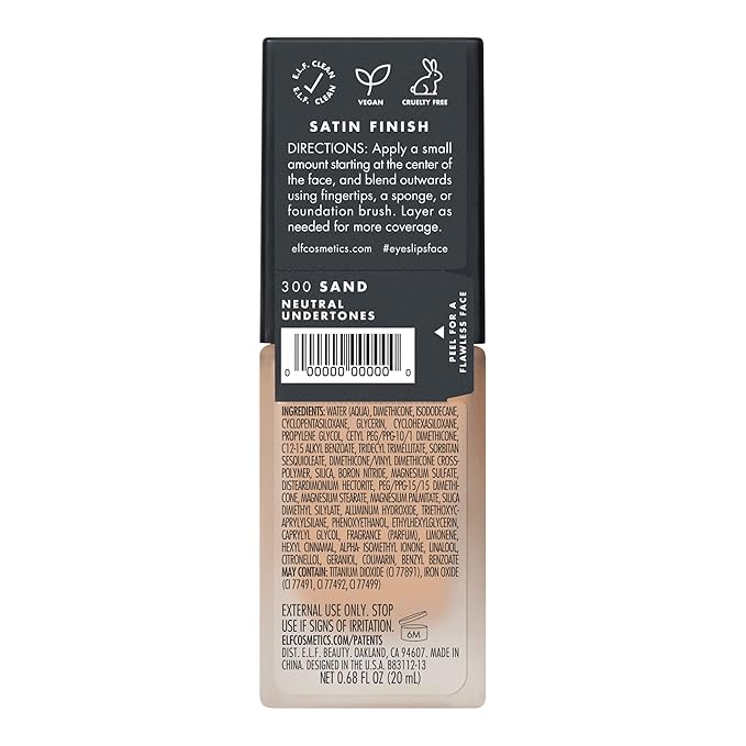 e.l.f. Flawless Satin Foundation, Lightweight & Medium Coverage, Semi-Matte Finish, Vegan & Cruelty-Free, Sand, 0.68 Fl Oz (20mL)