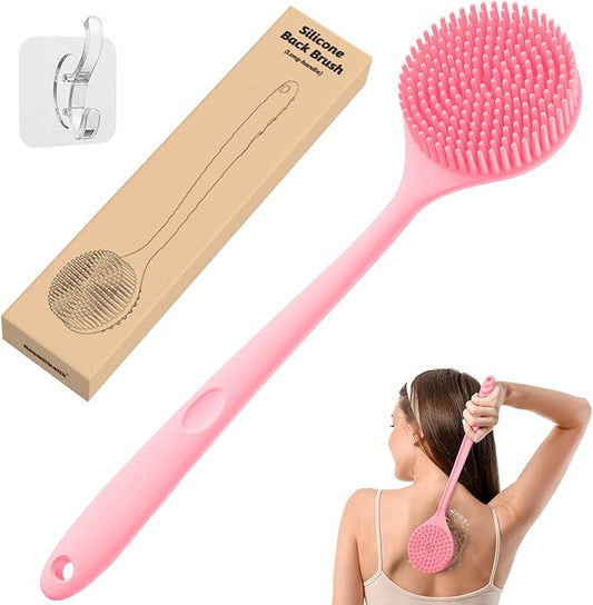 Manmihealth Silicone Back Scrubber for Shower(Thick Bristles), Body Scrubber with 15'' Long Handle, Light & Easy-to-Hold Shower Brush for Skin Exfoliating and Massaging, Not Good in Lathering.(Pink)