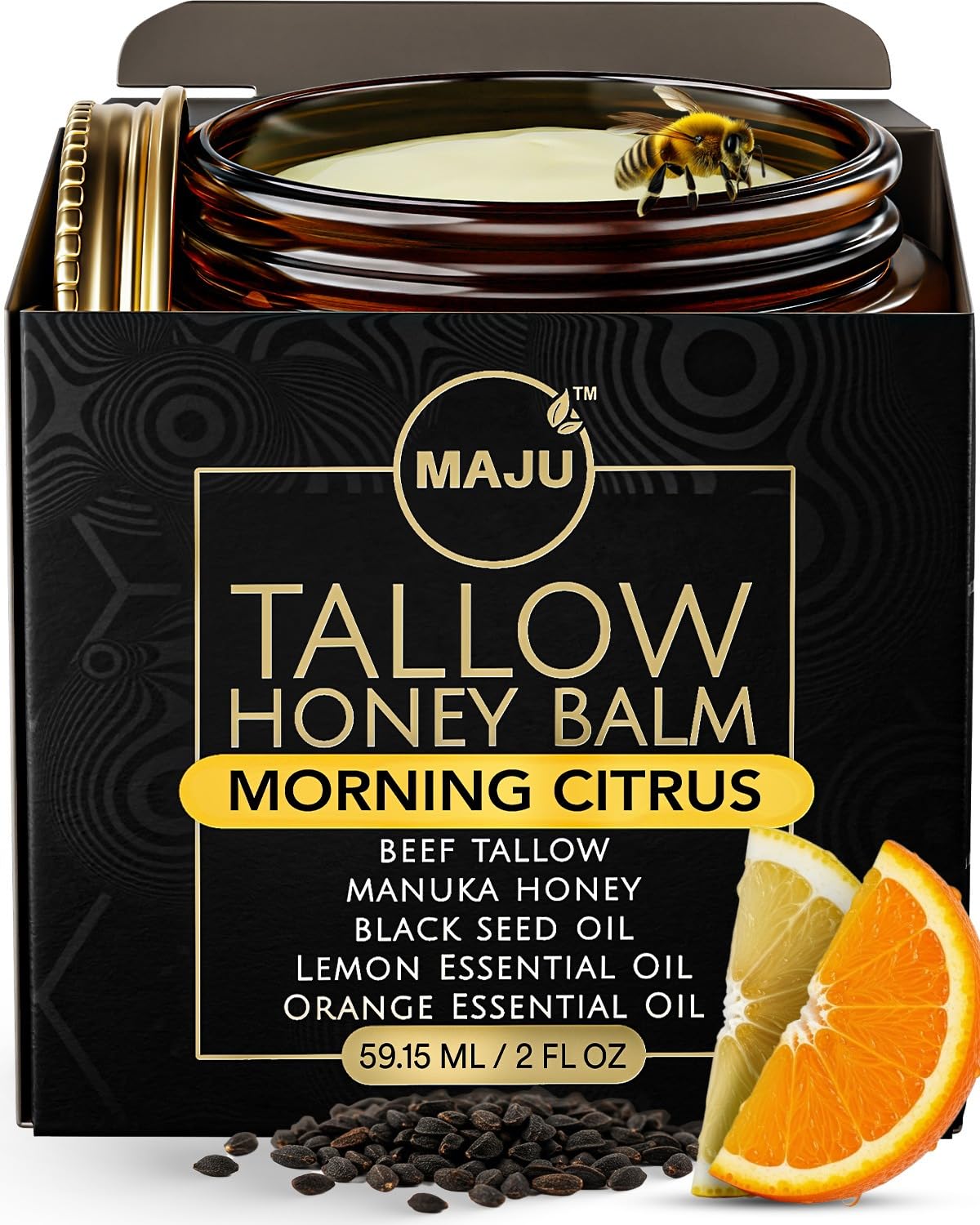 MAJU Tallow Honey Balm, Morning Citrus (2 oz), Grass Fed Beef Tallow for Skin with Organic Black Seed Oil, Manuka Honey and Organic Beeswax, Skin and Face Moisturizer for Deep Hydration