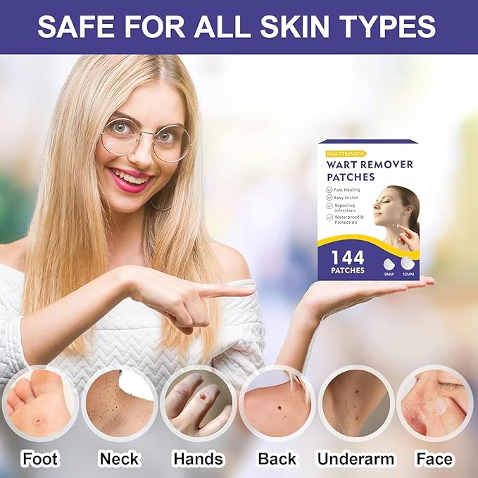 Wart Remover Patches, Skin Care Removal Patches with Maximum Strength, Fast & Easy Operate Hydrocolloid Waterproof Invisible Sticker for All Skin Types-144pcs(PP-02CH)