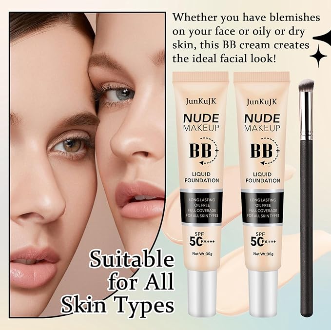 2PCS Hydrating BB Cream,Full Coverage Concealer Liquid Foundation for All Skin Types,Face Sunscreen SPF 50 PA++++ Long Lasting Moisturizing Oil Control Foundation Makeup Brush Set๏ผIvory & Natural๏ผ