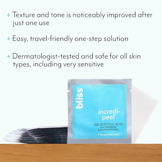 Bliss That's Incredi-Peel Glycolic Resurfacing Facial Pads - 15 ct - Single-Step Pads for Exfoliating and Brightening - Targets Fine Lines and Discoloration - Travel-Friendly - Vegan & Cruelty-Free