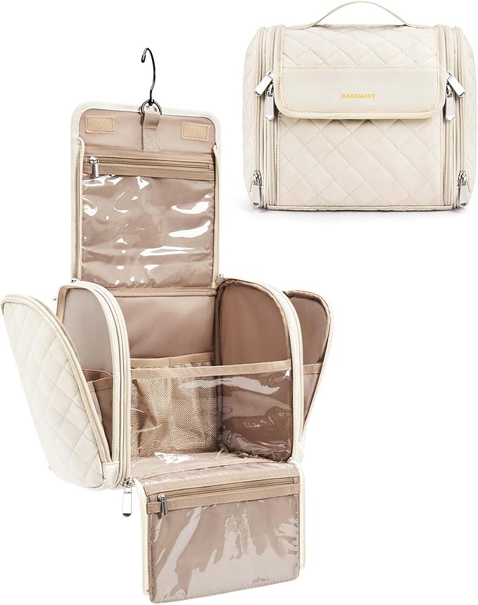 BAGSMART Toiletry Bag Travel Makeup Bag with Hanging Hook, Cosmetic Bag Make Organizer Case, Large Capacity Water-resistant Organizer for Toiletries Accessories Brushes Sponge, Beige