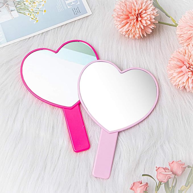 2PCS Heart-Shaped Makeup Hand Mirror,Travel Handheld Mirror Portable Personal Cosmetic Mirror with Handle (Pink and Rose red)