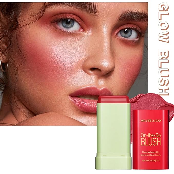 Cream Blush Stick for Cheeks, Eyes & Lips, Multi-Use Tinted Moisturizer, Natural Glow Blendable Blusher with Brush - Hot Red