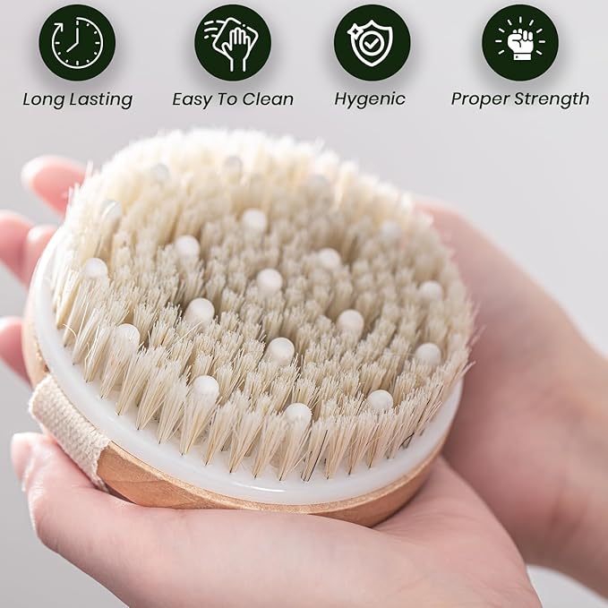 Large Dry Brushing Body Brush - Natural Boar Bristle Brush for Lymphatic Drainage, Cellulite, Blood Circulation - Eco-Friendly Skin Massage Nodes for Detox, Flawless Skin, Exfoliating Body Scrubber
