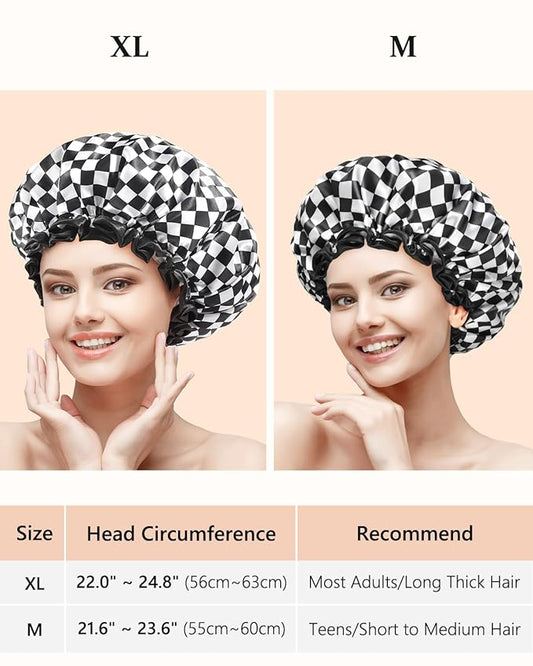 mikimini Large Shower Cap for Women Long Hair, 2 Pack,Elegant Chessboard Design,Double-layer Waterproof, Reusable, Washable, No Odor, X-Large