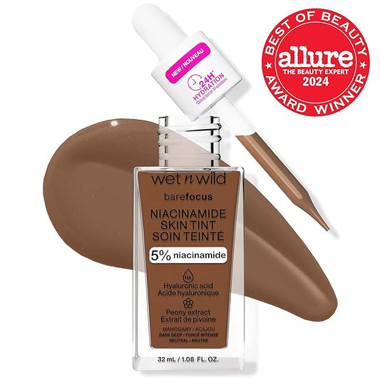 wet n wild Bare Focus Skin Tint, 5% Niacinamide Enriched, Buildable Sheer Lightweight Coverage, Natural Radiant Finish, Hyaluronic & Vitamin Hydration Boost, Cruelty-Free & Vegan-Mahogany