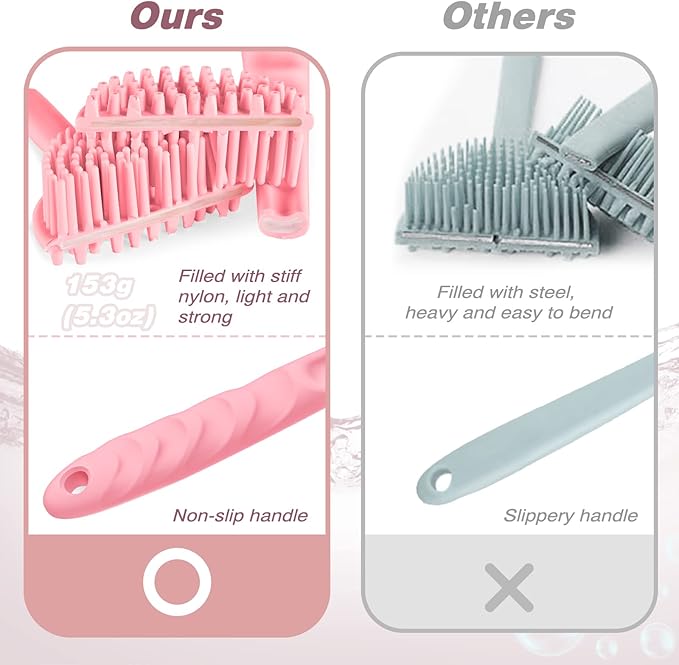 Manmihealth Silicone Back Scrubber for Shower(Thick Bristles), Body Scrubber with 15'' Long Handle, Light & Easy-to-Hold Shower Brush for Skin Exfoliating and Massaging, Not Good in Lathering.(Pink)