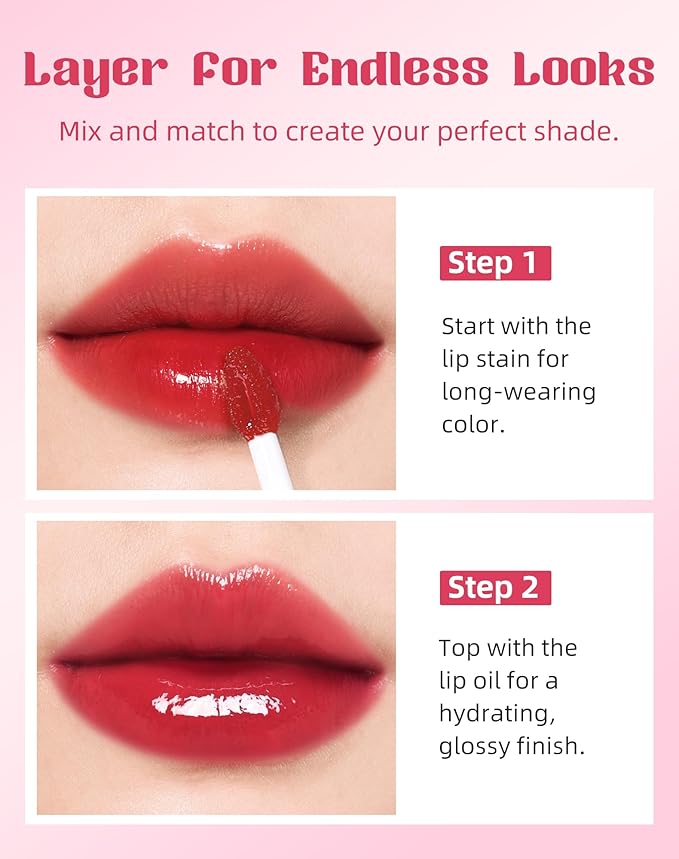 Tinted Lip Oil & Lip Stain Set, Korean Makeup, Smudge-Proof,Long-Wearing, 2-in-1 Cheek and Lip Tint with Moisturizing, High-Shine, Lightweight & Non-Sticky for Dry Lips, Cruelty-Free & Vegan